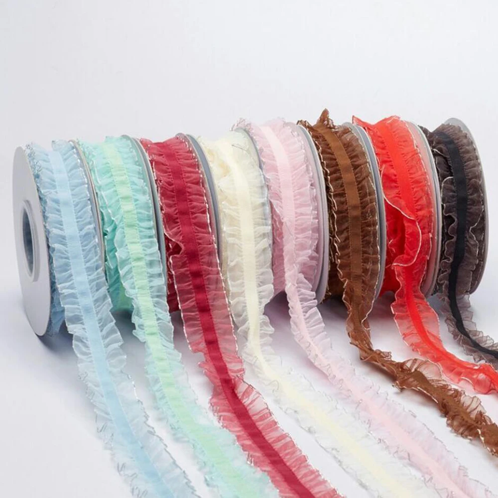 

New 25mm lace chiffon ribbon 10 yards silver edge pleated flounce elastic belt bow DIY handmade materials ruffles