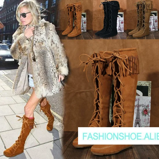 

2018 Autumn Winter Shoes Woman Fringe Boots Cozy Round Toe Suede Mid-Calf Boots Design Woman Lace Up Casual Flat Long Boots Tide