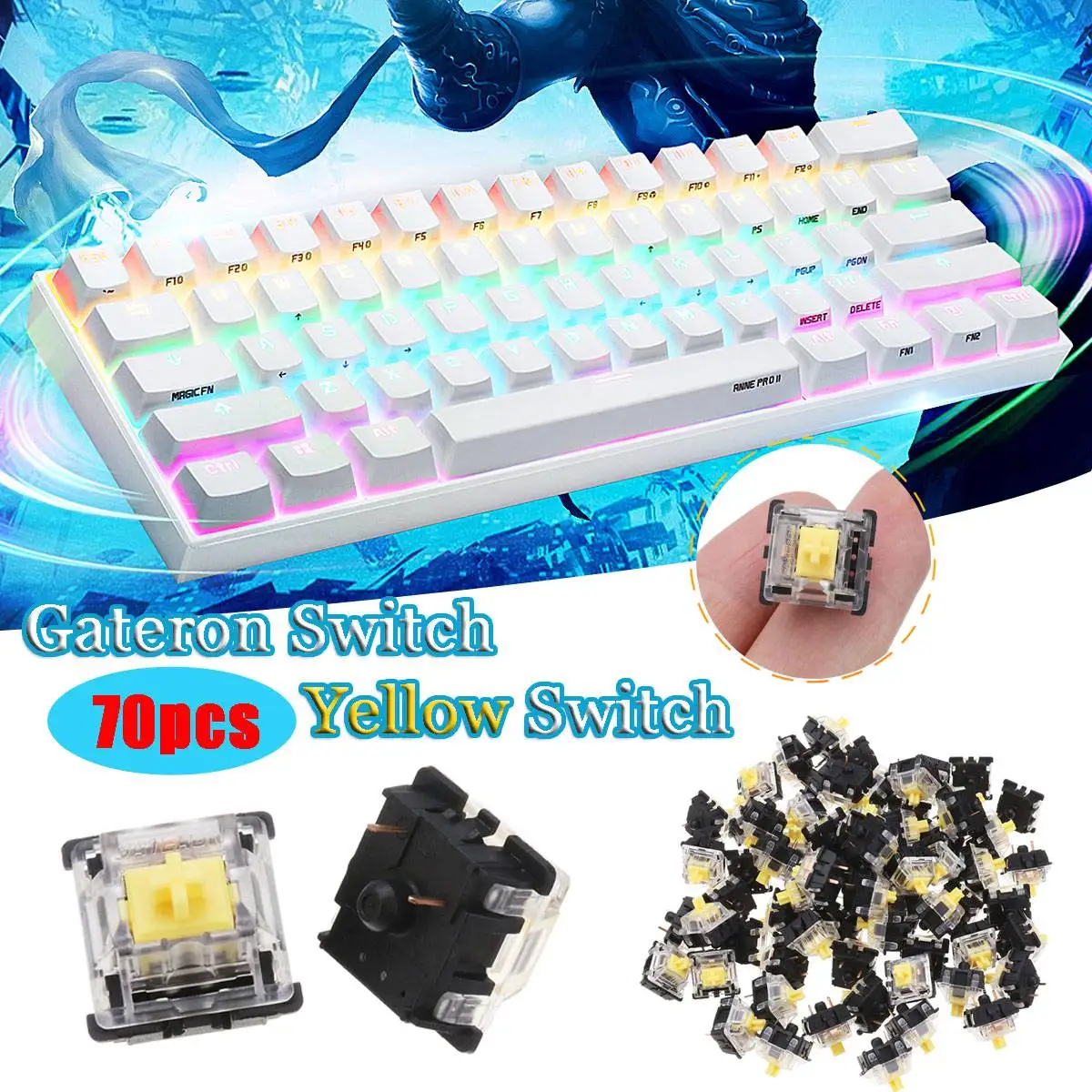 70PCS KS-8 Series Yellow Pack Gateron Linear Switch Keyboard Switch 3Pin for Mechanical Gaming Keyboard