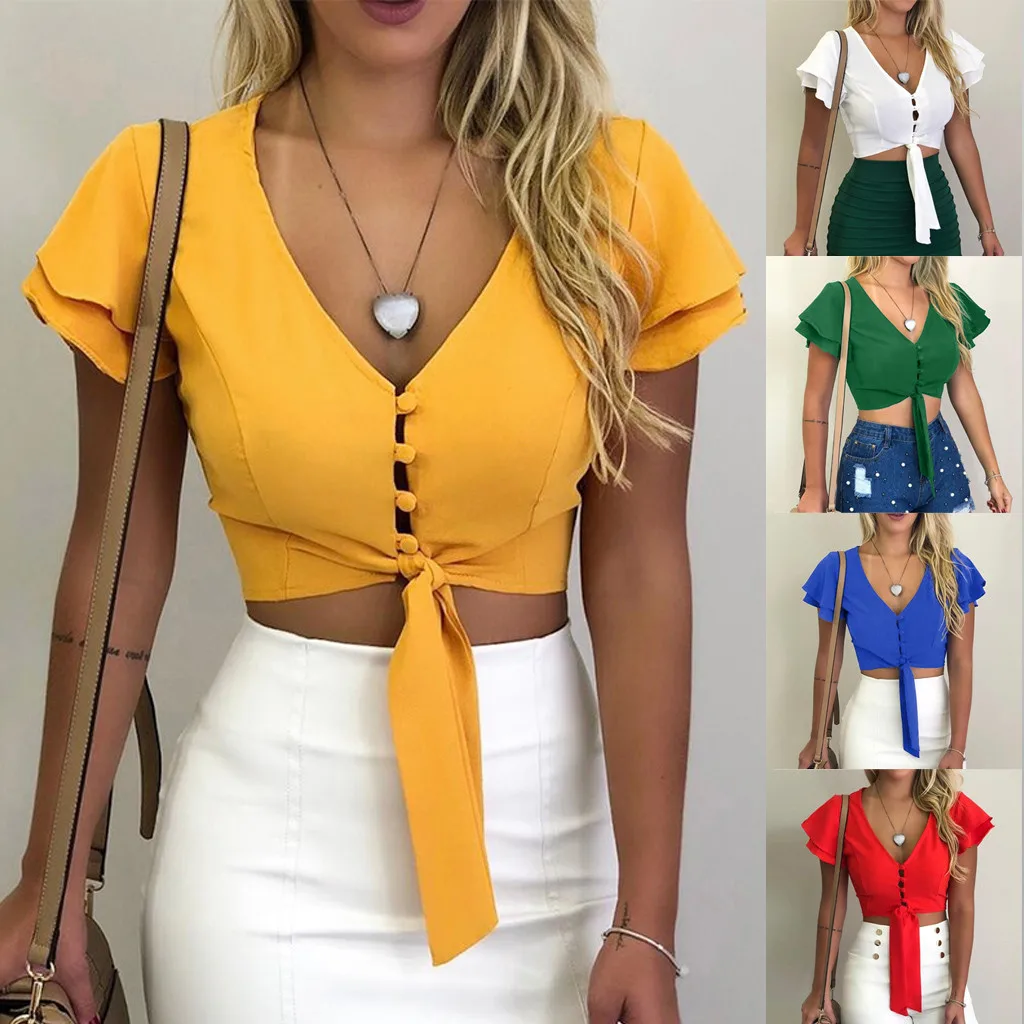 

MUQGEW New Arrival Chiffon Blouse Women Summer Short Sleeve Flare V Neck Button Down Shirt Top Crop roupas feminina bluzka 2019