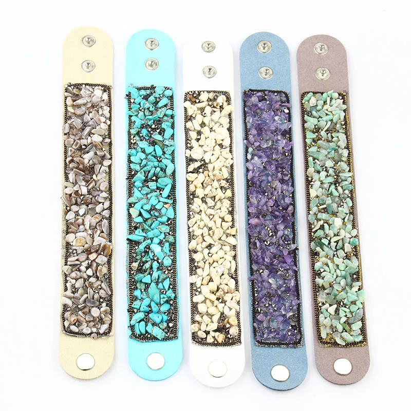 Women Wrap Bracelet With Stones Vintage Shake Leather Bracelets Bangle With Buttons Female Jewelry