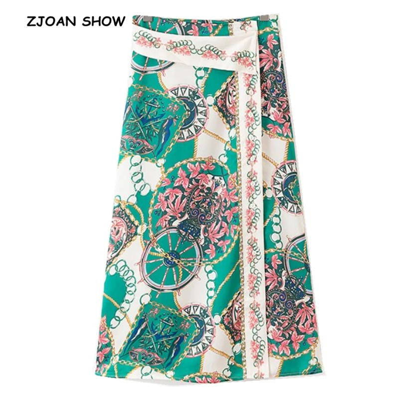 

2019 Spring New Women BOHO High Waist Slit Contrast Color Chain Print Skirt Single-breasted button Split A-line Skirts Femme