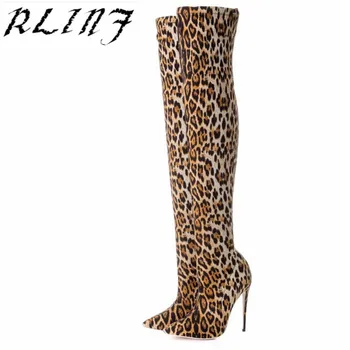 

RLINF Size 33-48 Over The Knee Boots Thigh High Boots Pointed Stretch Leopard Pattern Over The Knee Boots Pedicure Women's Boots