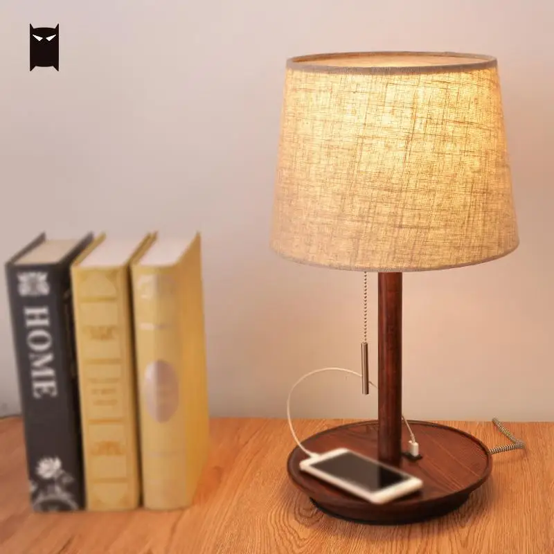 

Solid Wood USB Charge Pull Wire Fabric Shade Table Light Fixture Nordic Japanese Scandinavian Lamp for Bedroom Bedside Designer
