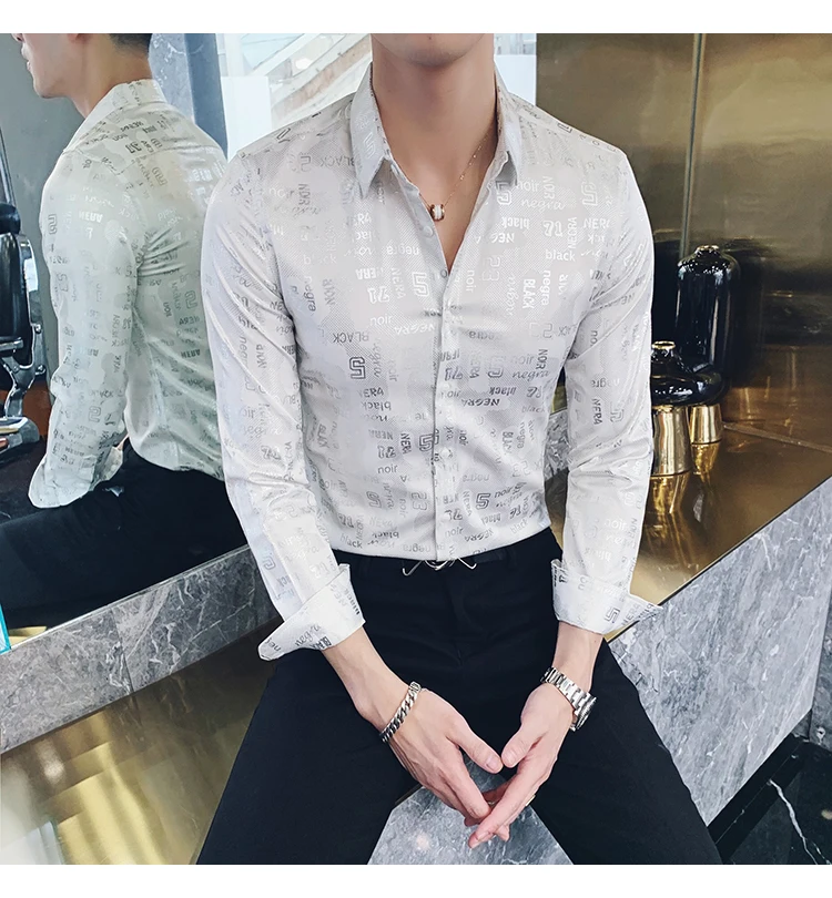 Camisa Social, приталенные, серебристые, золотые, с принтом, рубашки, Camisa MasculinaRopa De Hombre, повседневные рубашки, мужские Клубные рубашки, дизайнерские