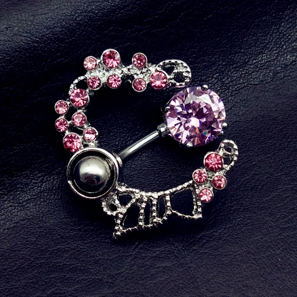 Fashion Pink Butterfly Crystal Flower Belly Button Ring For Women Body