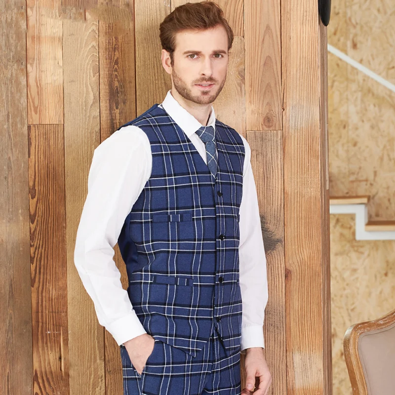 Men;s Morden Fit Suit Waistcoats Navy Blue Checked Sleeveless Business Casual Suit Vests Adjusted Plus Size Tuxedo Blazer Colete