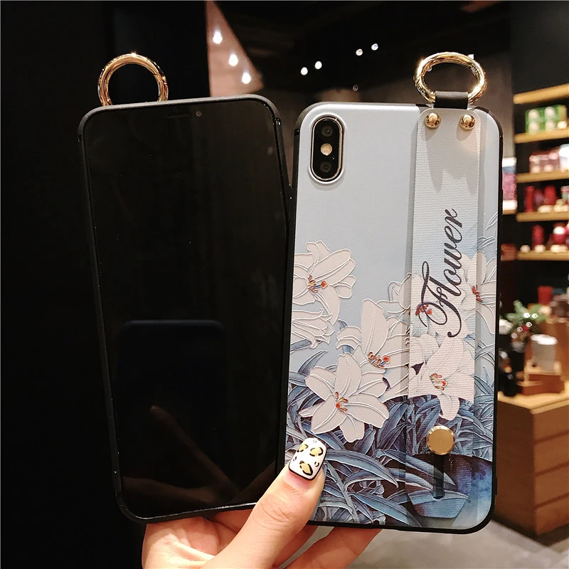 7 SoCouple Wrist Strap Phone Case For iphone 7 8 6 6s plus Case For iphone X Xs max XR Relief Flower Floral Pattern Soft TPU Case