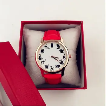 

2016 Watch Women Cartoon Cat Pattern Luxury PU Leather Band Analog Quartz Vogue Wrist Watch Watches Freeshipping & Wholesale