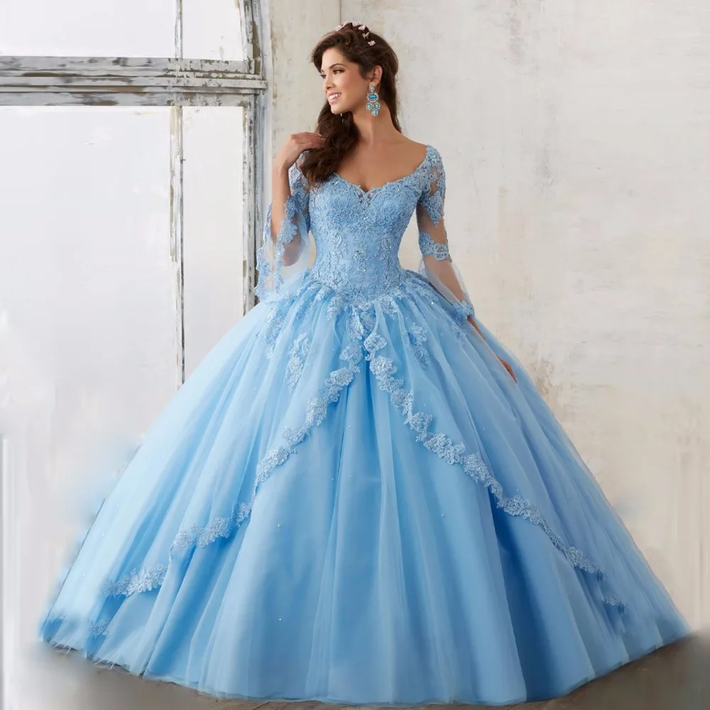 Небесно-Голубое Длинное Элегантное Пышное Бальное платье с рукавами платья для девочек с кружевными аппликациями Vestidos De 15 Anos Sweet 16 - Цвет: picture color 1