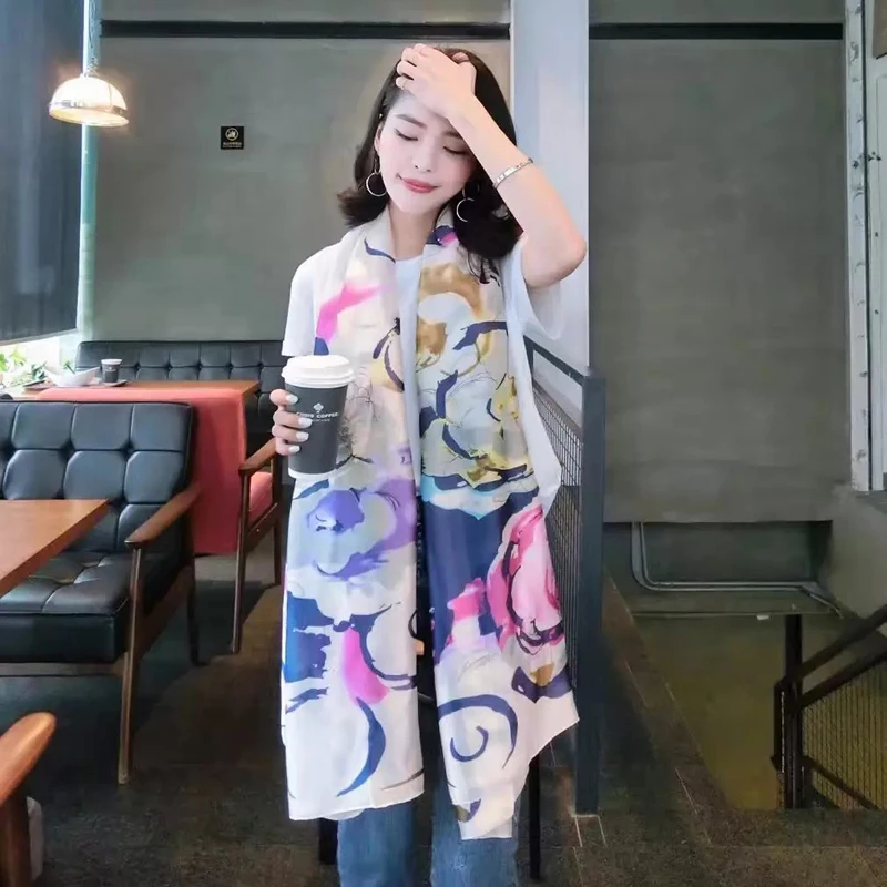 

Luna&Dolphin Women Chiffon Silk Scarf 180x90cm Shawls Blue Flower Pattern White Grey Wraps Chiffon Soft Big Shawl Tippet Bandana
