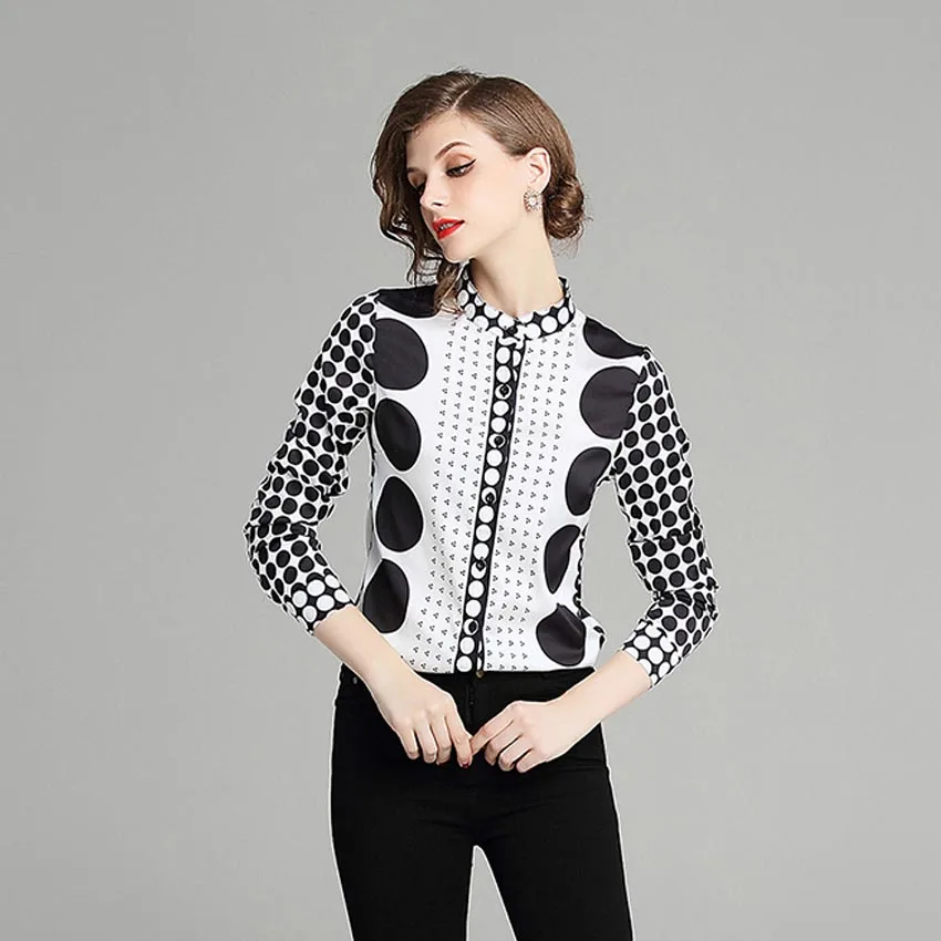  Women Autumn Runway Stand Collar Blouses Fashion New White Black Point Print Long Sleeves OL Shirt 