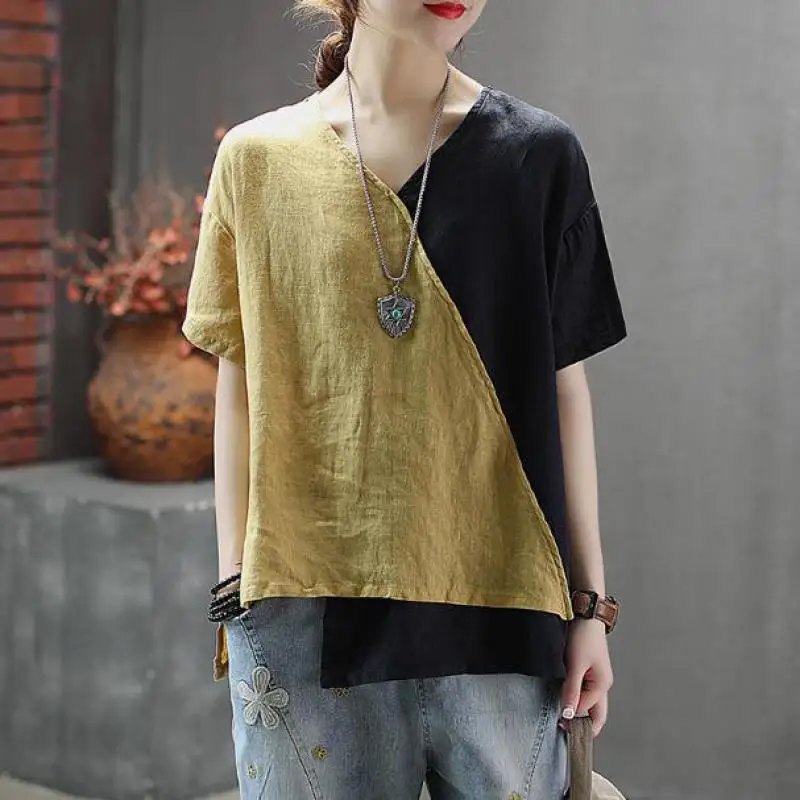 

Johnature Casual Tops Short Sleeve V-neck Patchwork 2019 New Summer Clothes Vintage Loose Contrast Color Women T-shirts