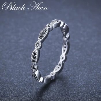 

[BLACK AWN] Genuine 100% 925 Sterling Silver Jewelry Engagement Rings for Women Vintage Round Finger Ring Girl's Gift G013