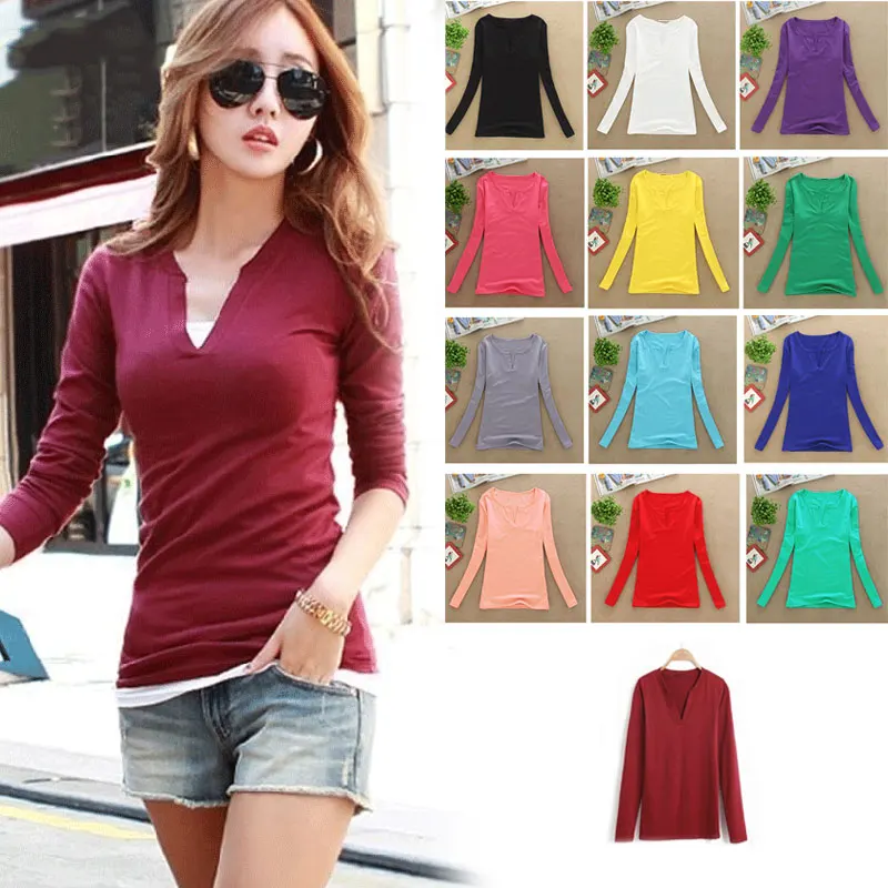 

Autumn Winter Women Long Sleeve T-shirt Sexy V Neck Solid Color Slim Tops Ladies Casual Shirts FS99
