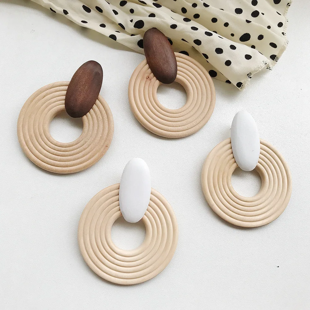 Fashion Multiple Korea Rattan Vine Braid Drop Earrings For Women Geometric Circle Square Handmade Wooden Straw Weave Earrings