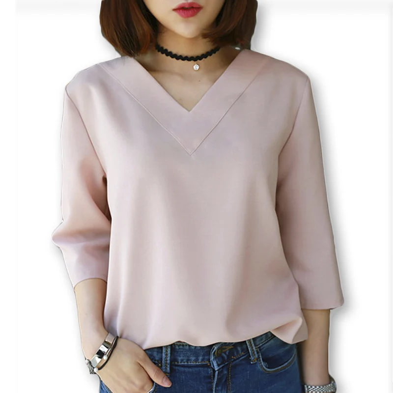 2022 Summer Tops V neck Chiffon Blouse  Shirt Women Office 