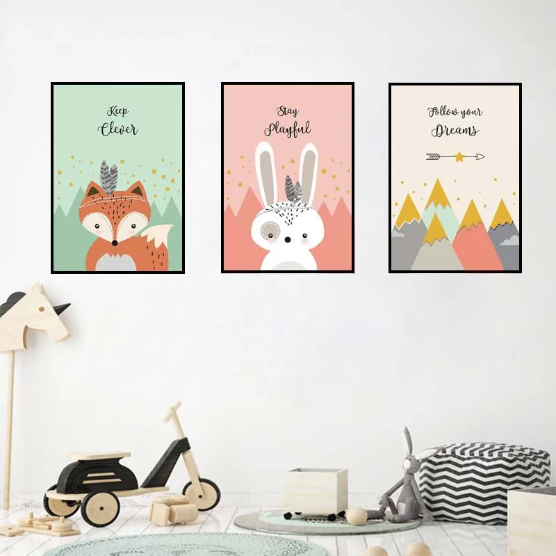 

Nordic Cute Animal Rabbit Bear Fox Decorative Painting Children Room Decoration Picture Nursery Wall Art Poster and Print