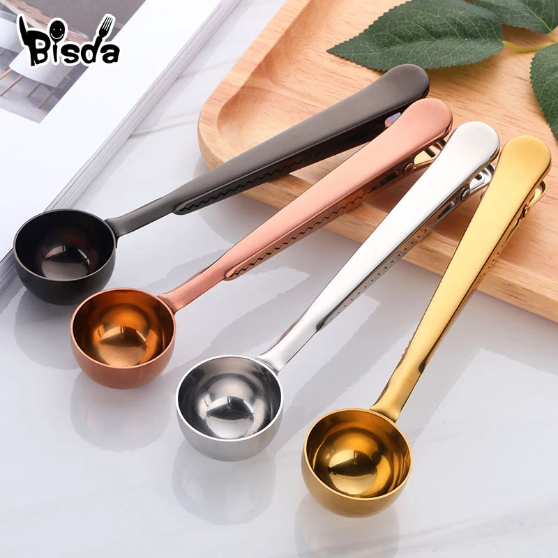 

4 Colors Coffee Spoon Reusable 304 Stainless Steel Multi-function Tea Spoons With Clip Coffee Scoop Nut dessert Bag Seal Clip