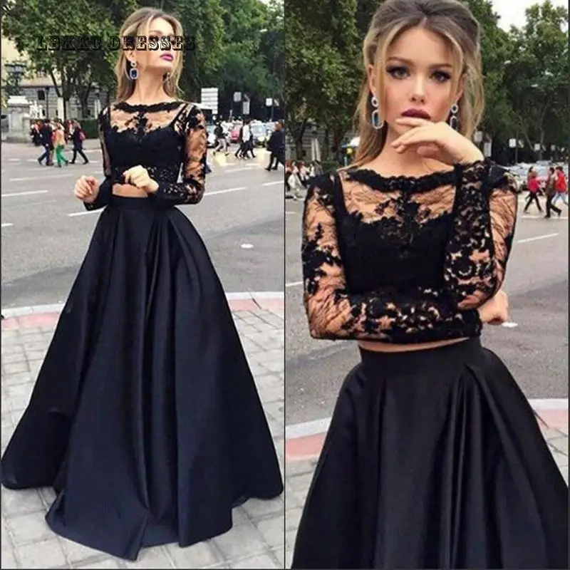 

Long New Black Two Pieces Evening Dresses Sheer Long Sleeves Lace 2piece Prom Party Gown 2019 Long Black Satin Evening Dress