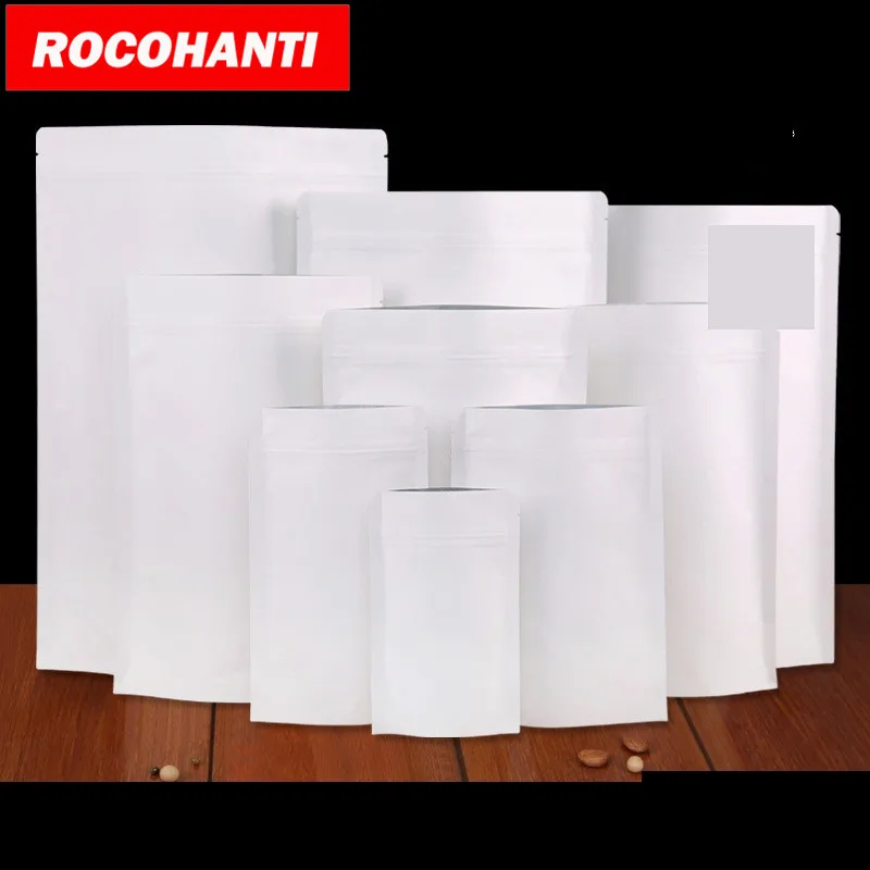 

100X Custom Logo Printed Ziplock Stand Up Self Sealing White Kraft Paper Food Bag Storage Bag for Packaging
