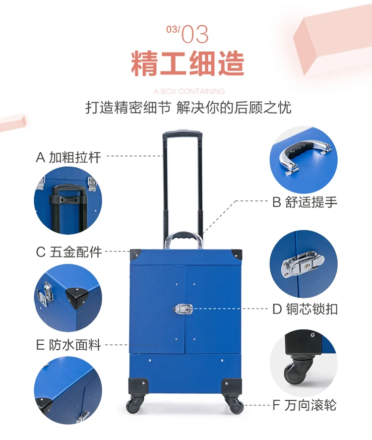 Кабина визажиста набор инструментов, прокатки косметический чехол, колеса тележки гвозди макияж багажные сумки, женский косметический чемодан коробка
