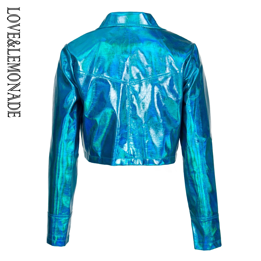 Love& Lemonade нагрудный карман украшение прямой синий искусственная кожа Bodycon куртка LM81466Jacket