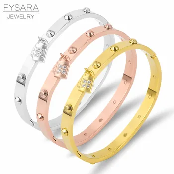 

FYSARA Luxury Classic Brand Belt Nail Rivet Bangles & Bracelets For Women Stainless Steel Lock Crystals Pulseiras Punk Jewelry