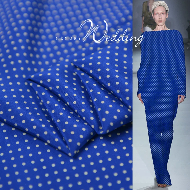 

Mini polka dot silk fabric royal blue quality silk crepe de chine 100cm*112cm