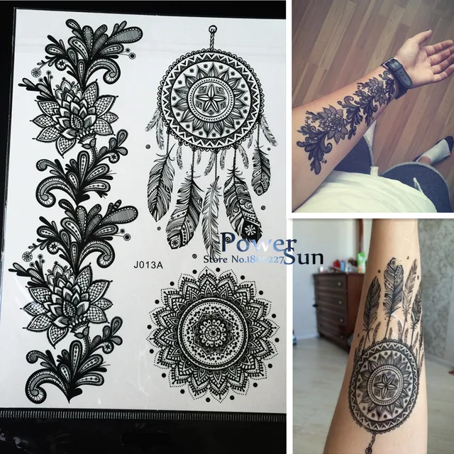 1PC Hot Dreamcatcher Large Indian Sun Flower Henna Temporary Tattoo Black Mehndi Feather Style Waterproof Tattoo Sticker PBJ013A 1PC Hot Dreamcatcher Large Indian Sun Flower Henna Temporary Tattoo Black Mehndi Feather Style Waterproof Tattoo Sticker PBJ013A