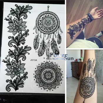 1PC Hot Dreamcatcher Large Indian Sun Flower Henna Temporary Tattoo Black Mehndi Feather Style Waterproof Tattoo Sticker PBJ013A