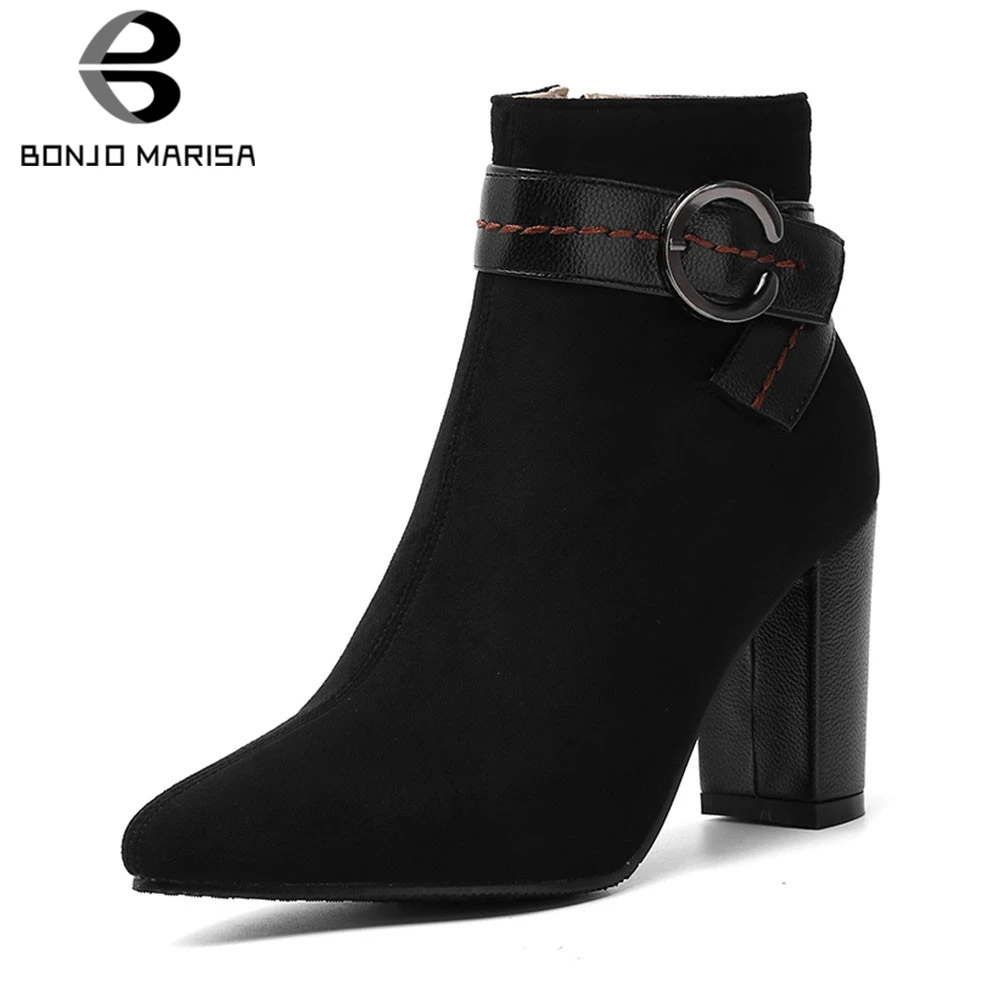 

BONJOMARISA New Plus Size 32-46 Belt Buckle Ladies High Heels Pointed Toe Shoes Woman Sexy Autumn Spring Ankle Boots