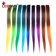 Leeons klip tek parça Raiinbow saç ekleme düz sentetik saç parçaları 18 inç uzun Ombre saç pembe mor kırmızı mavi