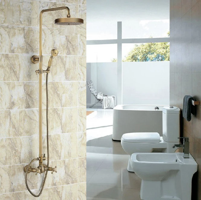 

Vintage Retro Antique Brass Dual Cross Handles Bathroom 8 Inch Round Rain Shower Faucet Set Mixer Tap Hand Shower mrs091
