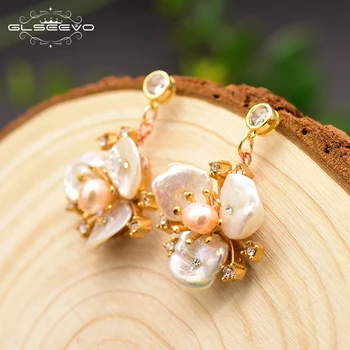 

GLSEEVO Original Design Handmade Natural Fresh Water Pearl Flower Drop Earrings For Women Engagement Jewelry Oorbellen GE0713