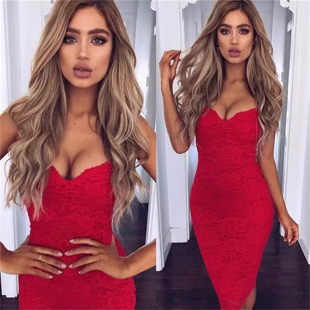 

Sexy Summer Lace Elegant Party Bodycon Dress For Women V-Neck Spaghetti Strap Knee-Length Women's Dresses vestidos de fiesta