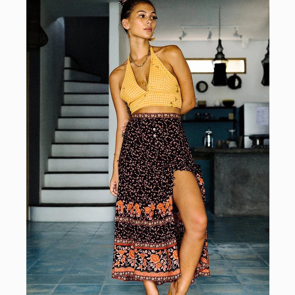 

Jastie 2019 Spring Summer Skirt Boho Plum Print Skirts Button Front High Waist Skirt Women Casual Beach Skirt Saia Faldas Mujer