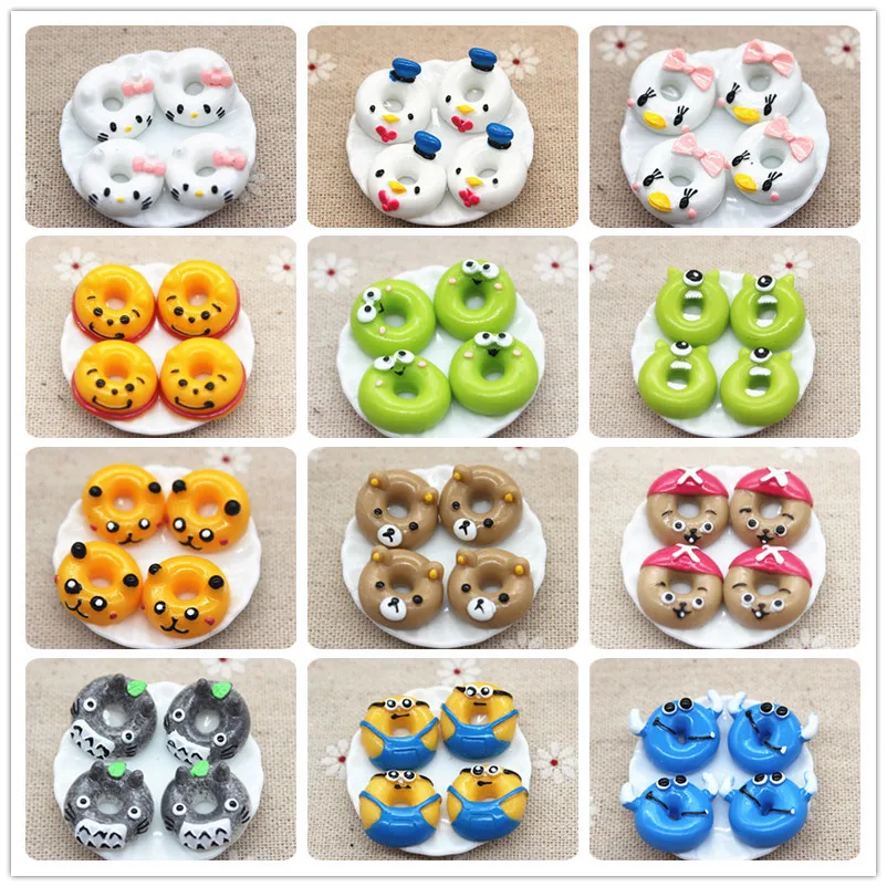 17mm Kawaii Cartoon Animal Donuts Resin Miniature Food Art Flatback Cabochon DIY Decorative Craft Scrapbooking