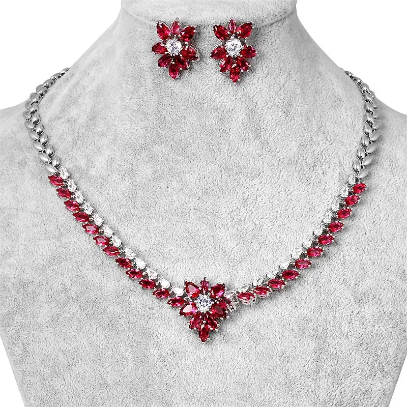 

WEIMANJINGDIAN Assorted Colors Fuchsia Blue Green Flower Cubic Zirconia Sparkling CZ Necklace Wedding Bridal Jewelry Set