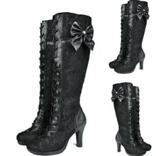 Сапоги до колена; женские пикантные черные сапоги на высоком каблуке с кружевным бантом; модная женская обувь на платформе с перекрестной шнуровкой; женская обувь размера плюс; botas mujer