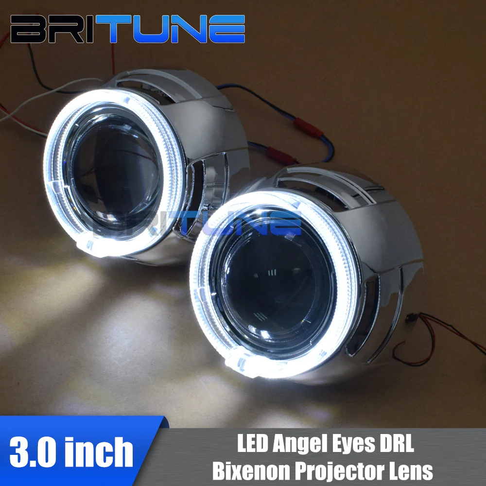 

3.0'' Super Bi-xenon Projector Lens With LED Fiber Optic Angel Eyes DRL For H4 H7 Cars Headlight DIY Tuning Using H1 HID Bulbs