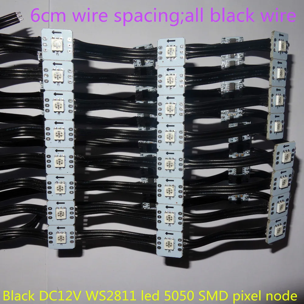 

P6 addressable DC12V WS2811 led 5050 SMD pixel node;100pcs a string;black wires;6cm wire spacing from center to center