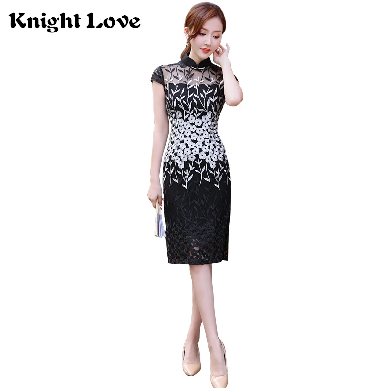 

Sexy Lace Ladies' Qipao Dress Cheongsam Embroidery Chinese Traditional Mesh Transparent Lady Elegant Black White Evening Dresses