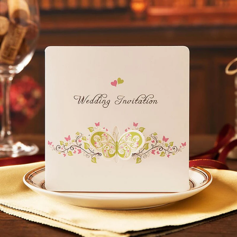 50 pieces/lot) Korean Style Pop Up Butterfly Wedding Invitation Card Printable& Customize White Marriage Cards IC026