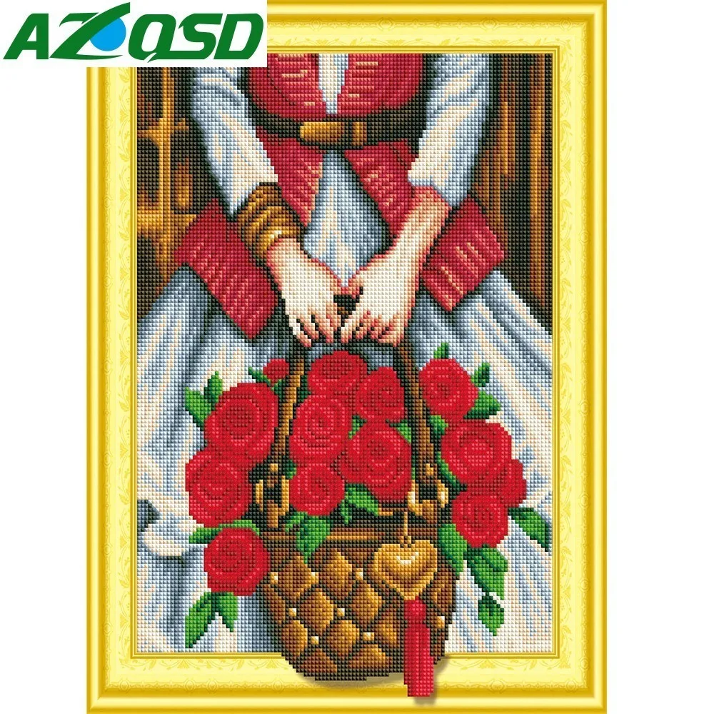 

AZQSD Picture of Rhinestones Diamond Embroidery Flower Home Decor Diamond Painting Red Floral Full Round Drill 40x50cm