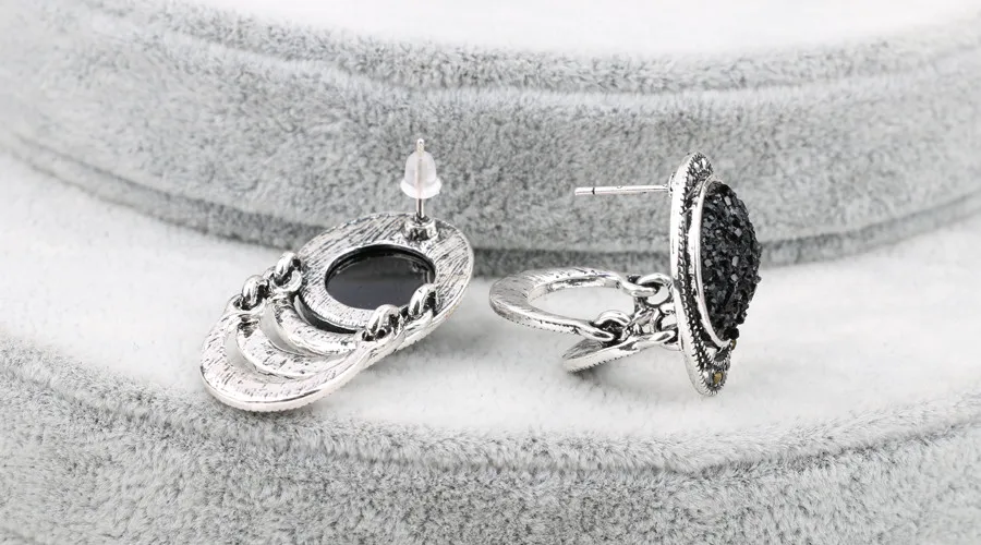 Горячая Мода черный прозрачный камень большие серьги для женщин винтажный, с серебряным покрытием Обручальные серьги богемные ювелирные изделия подарок