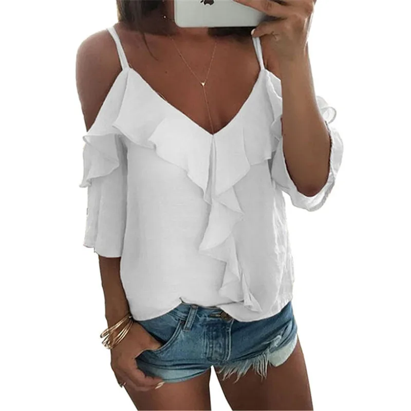 

yashangyi Chemise Femme Sexy Off Shoulder T Shirt Women Short Sleeve Ruffles Harajuku Streetwear T-Shirts V-Neck Strap Tee Tops