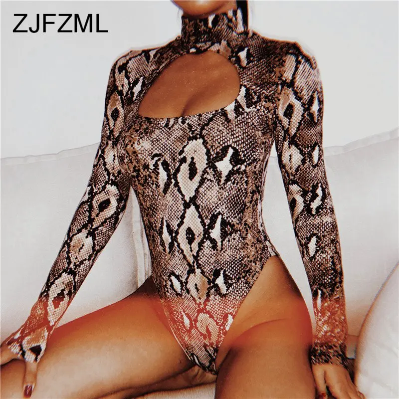 ZJFZML Turtleneck Long Sleeve Snake Skin Print Sexy Women Bodysuits Autumn Causal Skinny Romper Femme Club Hollow Out Overalls