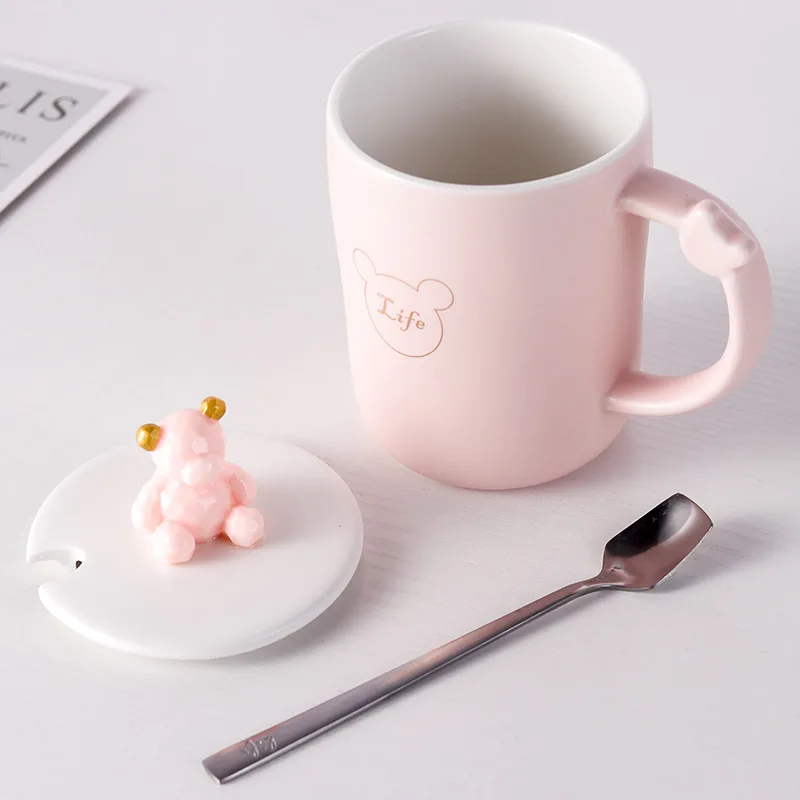 Керамическая кружка с рисунком медведя из мультфильма с крышкой ложки из нержавеющей стали, модные кофейные кружки, чашка для молока, сока, лимона, Офисная посуда для напитков