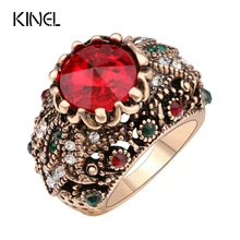 Kinel Satélite Piedra Anillos Para Las Mujeres de Color Rojo Regalo de la Joyería Anillo de Cristal de Amor de Oro Antiguo de La Vendimia